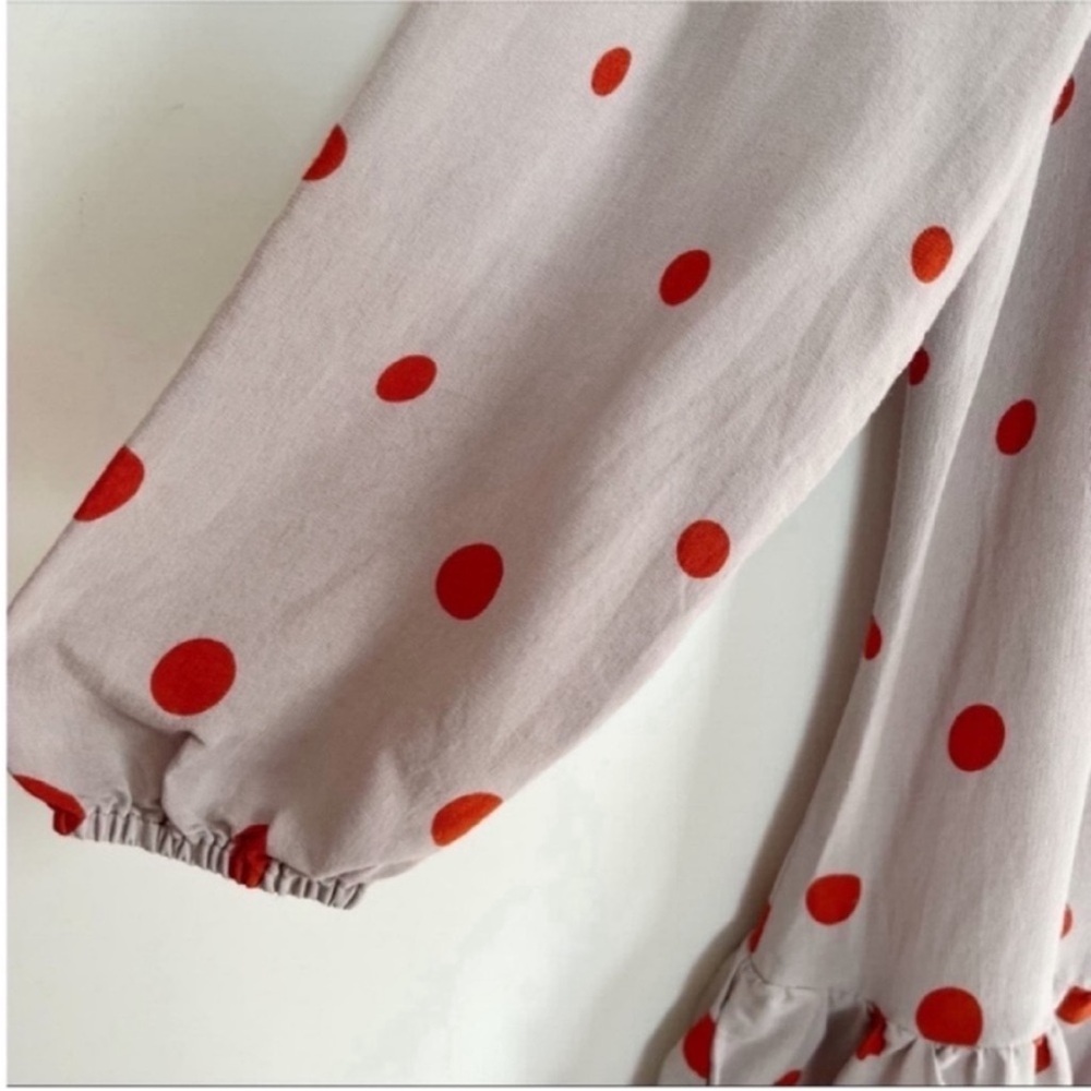 Anthropologie Meadow Rue Minutiae dress gray polka dots orange ruffle - Picture 3 of 11